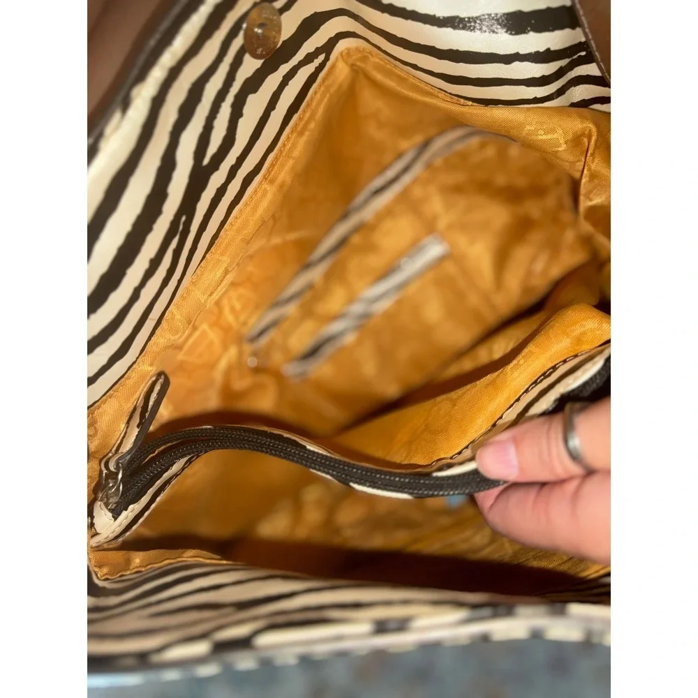 Kathy Van Zeeland Zebra Print Hobo Bag Metallic Pewter Trim Y2K Animal Print